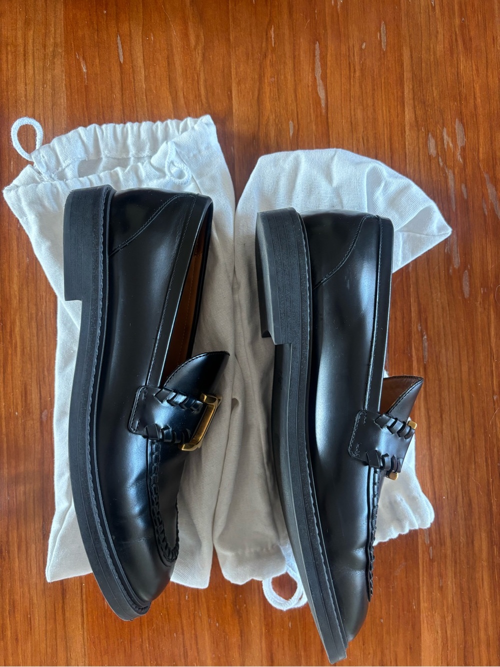 Chloe Black Leather Loafers with Gold Buckle - Picture 6 of 7